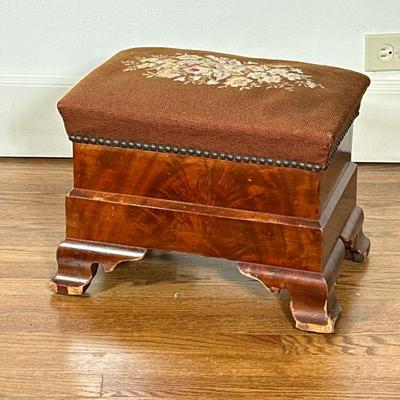 Burlwood & Needlepoint Footstool #2 | Antique American Empire style footstool with a sturdy burlwood carved base, a cushioned top...