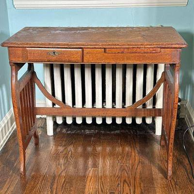 Vintage Oak Vanity | Oak wooden desk or vanity with drawer. - h. 28 x w. 32.5 x d. 17.5 in