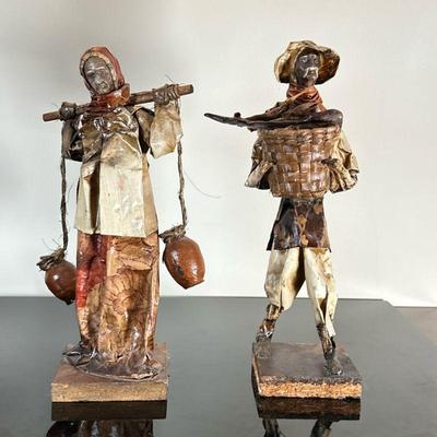 (2pc) Mexican Folk Art Paper Mache Figures | Vintage hand-painted Mexican folk art paper mache figures of two peasant farmers – a man...
