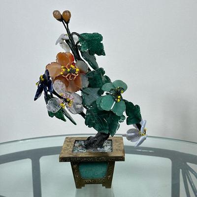 Chinoiserie Glass & Stone Sculpture #1 | Vintage chinoiserie jade, amber, and quartz or other stone decorative floral/bonsai tree...