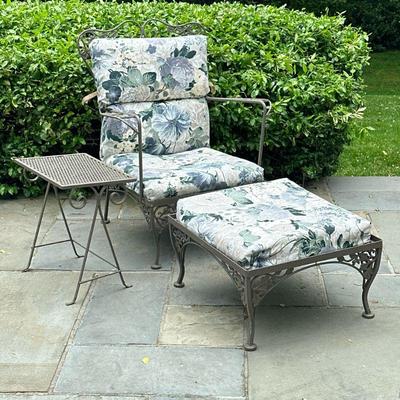 (3pc) Wrought Iron Armchair, Footstool & Side Table #2 | Wrought iron outdoor/patio furniture, including an armchair, matching...