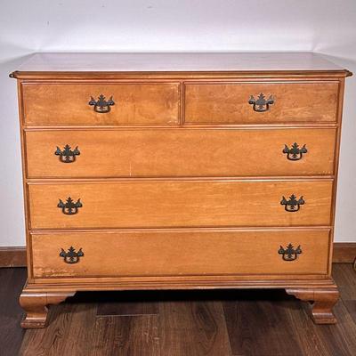 Sheraton Style Five-Drawer Wooden Dresser | Vintage (mid century) Sheraton style rock maple wood five-drawer dresser with black painted...