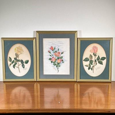 (3pc) Floral Artwork in Gold Frames | Set of three (3) vintage floral artwork, matted and framed in gold frames. Smaller two: h. 10.5 x...