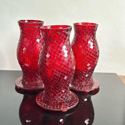 (6pc) Red Hurricanes on Plates | Set of three (3) glass hurricanes on plates with mosaic design. - h. 9.25 in
