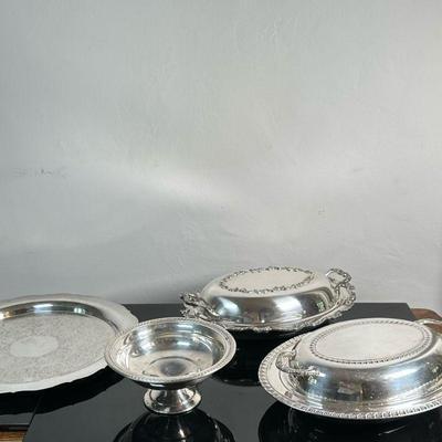 (6pc) Silver Plate Serving Dishes | Round covered dish with handles Oval covered dish with handles Round platter Footed bowl