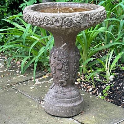 Stone Bird Bath - Floral | Outdoor stone bird bath. Pedestal form, of one piece construction with intricate floral design. - h. 22 x w....