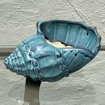 Decorative Conch Shell Planter | Decorative blue painted conch shell planter or candle holder. Dimensions: h. 5 x w. 8 x l. 10.5 in