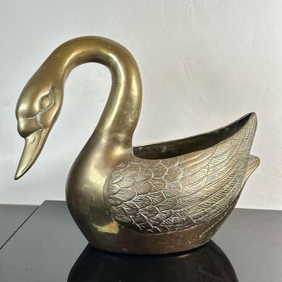 Brass Swan Planter - Twisted Neck | Vintage (1950's) solid brass (heavy) swan-shaped planter with twisted neck. - h. 14 x w. 9 x l....
