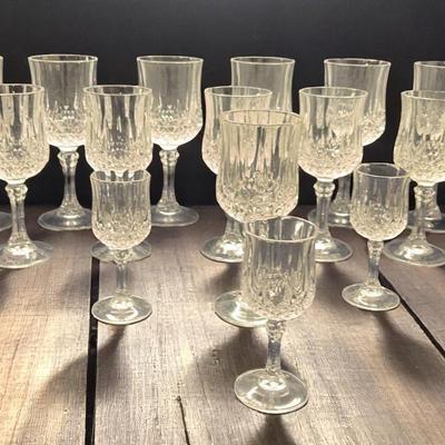(6) Crystal Cut Stem Wine Glasses 7” Tall, (8) Crystal Cut Stem Glasses 6”, Liquer Stem Glasses 