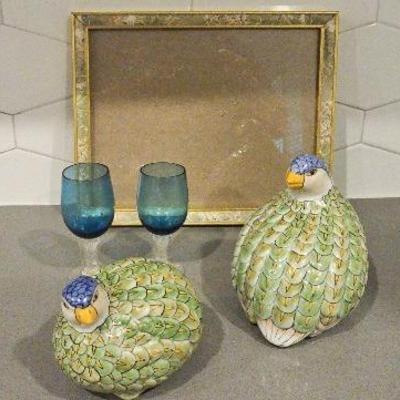 2 Handprints Japanese Quails With 2 Vintage Blue Twist Stem Cordial Shot Glasses
