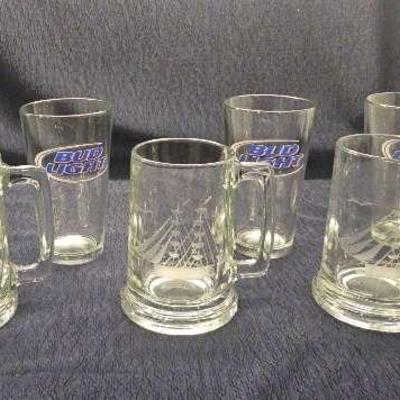 Bus Light Glasses And Set of 3 Vintage Etched Glass Beer Mugs Steins Nautical Sailboat Ship