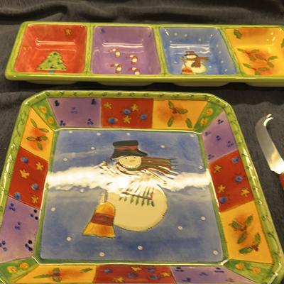 Sango Snowman Christmas Platter 10” & Slotted Christmas Platter 18” Long 