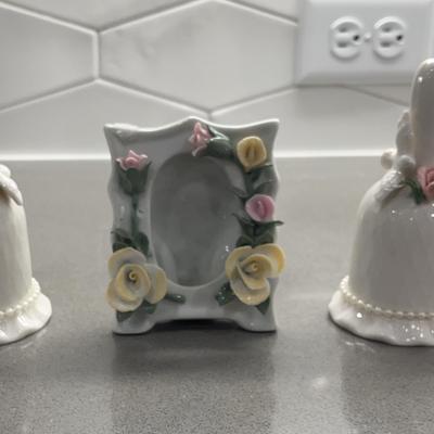 Vintage Decorative Ceramic Bells With Doves And Flowers And Frame 