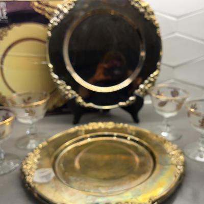 20 Century Baroque Brass Plated Serving Platters (4), 4 Glasses 