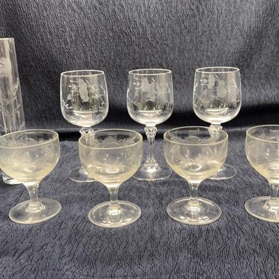 (3) Princes House Glasses, (4) Vintage Sherbet Glasses, (2) Etched Vases 