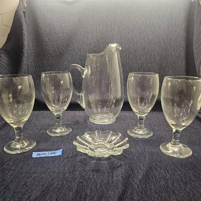Vintage Glass Pitcher With Water Goblets
