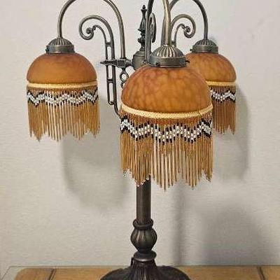 

Vintage Art Deco Gooseneck Beaded Amber Art Glass Triple Lamp 20s