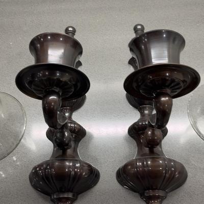 Vintage Bronze Pair Of Wall Sconces With Glass Hurricane Glass Votives