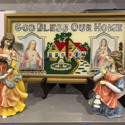 Angel Owell Ceramic Figures, God Bless Our Home Picture  17-1/2 X 10, X 