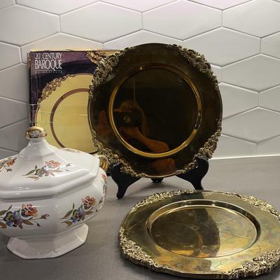20th Centure Baroque Brass Plated Service Plates (4) And Porcelain Vegetable Tureen 