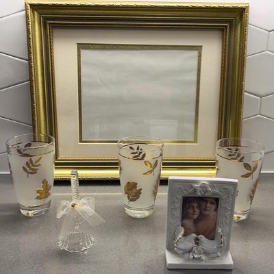 Wedding Porcelain 4 X 5  Frame, 3 Glasses, Glass Bell, Gold Frame