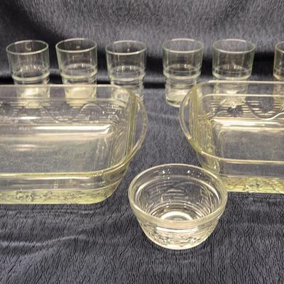 Vintage Glassbake Primrose Dream Casserole Dishes, 6 Glasses And Small Glass Dish