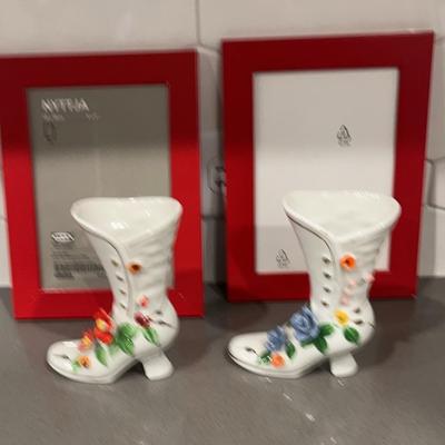 Vintage Lady’s Shoe Boots With Flowers  (2) & 2 - 5 X 7 Frames