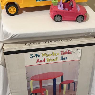Vintage Sunny Valley School Bus, Fisher Price Lovng Family Convertible, 3 Piece Wooden Table & Stoo 