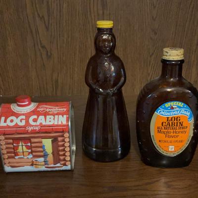 Mrs. Butterworth’s Syrup Glass Bottle With Metal Lid, Log Cabin Syrup Glass Bottle And Tin