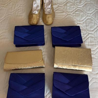 Cobalt Blue Purses, Gold Colored Purses, And Gold Colored Shoes