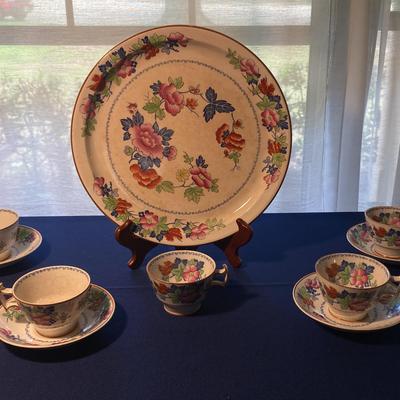 Antique Booths Silicon China Lorna Doone Serving Dish 5 Teacups/4 Saucers (Holder Not Included)