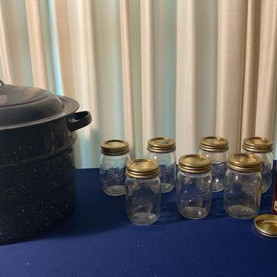 Vintage Black Speckled Enameled Canning Pot with Rack & Lid and Mason Jars Set of 7 with Extra Caps