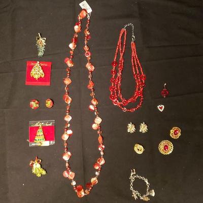 Christmas Shades of Red Jewelry Assortment with Clip on Earrings Necklaces and More
