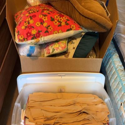Mystery Large Box And Tote Of Sheets, Blankets, Linens, And Pillows