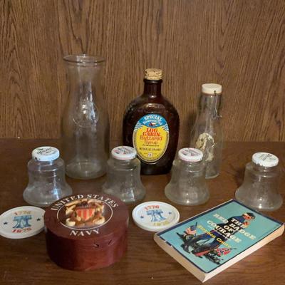 Wood Navy Box, Book, Log Cabin Syrup Bicentennial Bottle, And More