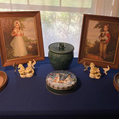 Vintage Beautiful Framed Girl With Cat & Boy With Dog and Singing Snowmen Figurines 