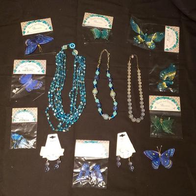 Shades of Aqua Blue Necklaces Earrings and Butterfly Accents