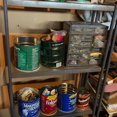 Assorted Screws & Nails In Coffee Cans And 4 Metal Shelf Cabinet 
