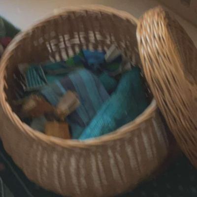 Large Basket With Lid Full Of Fabric