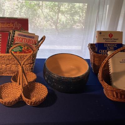 Blue Carved Ceramic Planter Baskets and Cookbooks Assortment 