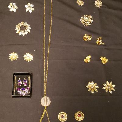 Gold Tone and Amethyst Clip On Earrings & Necklace Assortment 
