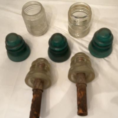 2 Clear Glass Insulators M, (3) Green Glass Insulator, 2 Clear Attached 