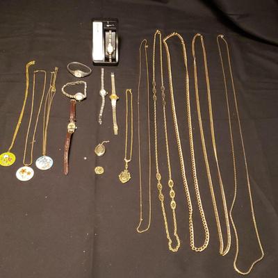 Womens Silver and Gold Tone Watches with Long Gold Tone Necklaces 