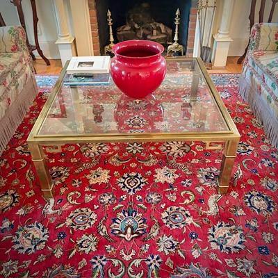 Square Asian brass and glass coffee table