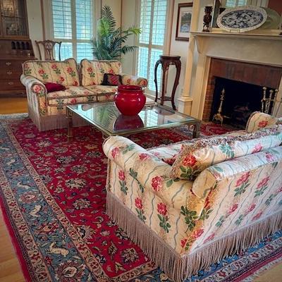 Sale Photo Thumbnail #12: Pair of custom upholstered loveseats, red oriental rug,  and brass and glass coffee table