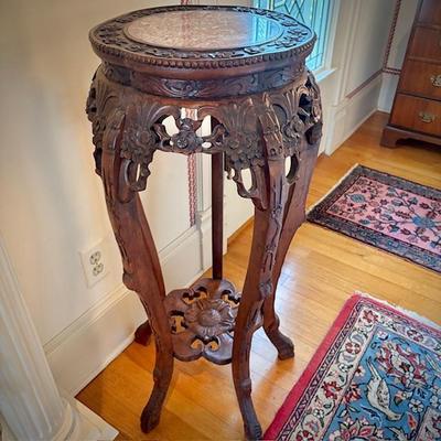Vintage Chinese carved plant stand with marble top