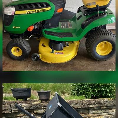 John Deere D100 Riding Mower and Tow-Behind Utility Cart 
