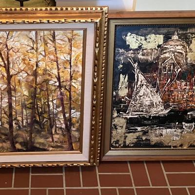 MCM Signed Spax Abstract Painting on Canvas and Signed Macaulay Landscape Painting on Canvas