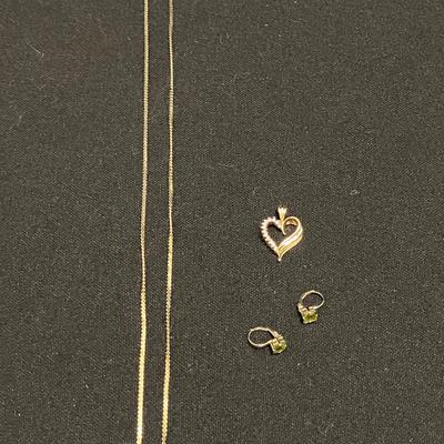24" 14K Necklace, 14K Earrings with Green Stones, and 14K Diamond Heart Pendant