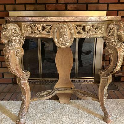 Carved Wood Marble Top Console Table